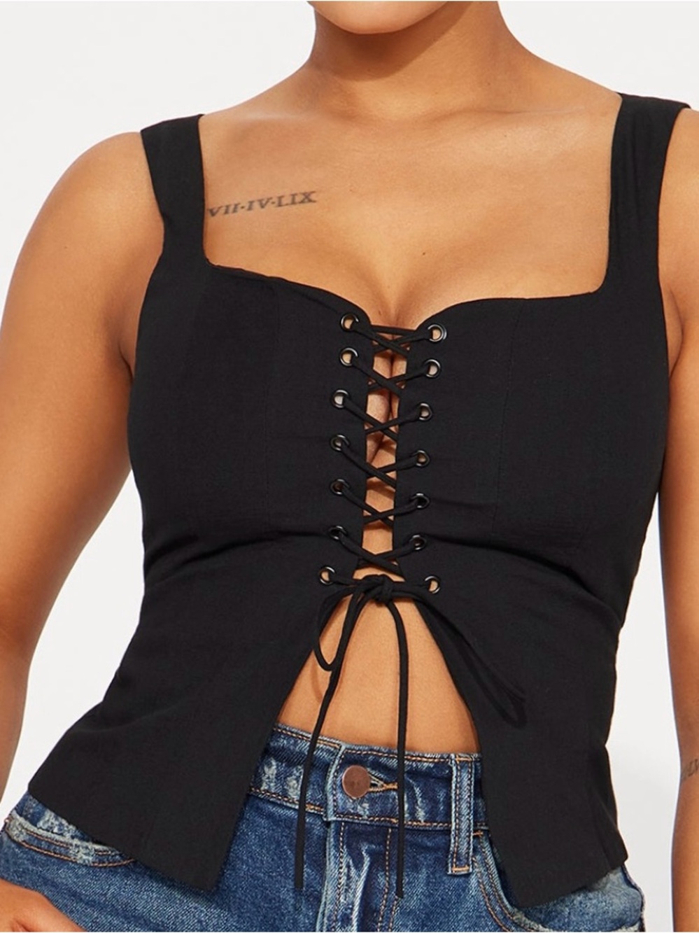 Black Lace-Up Square Neck Tank Top